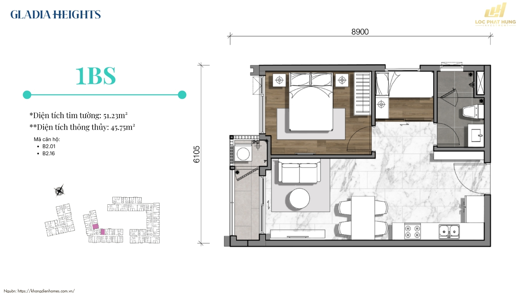 Thiết Kế Căn Hộ 1PN Gladia Heights 