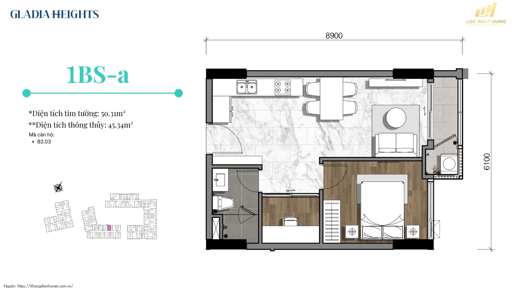 Thiết Kế Căn Hộ 1PN Gladia Heights 