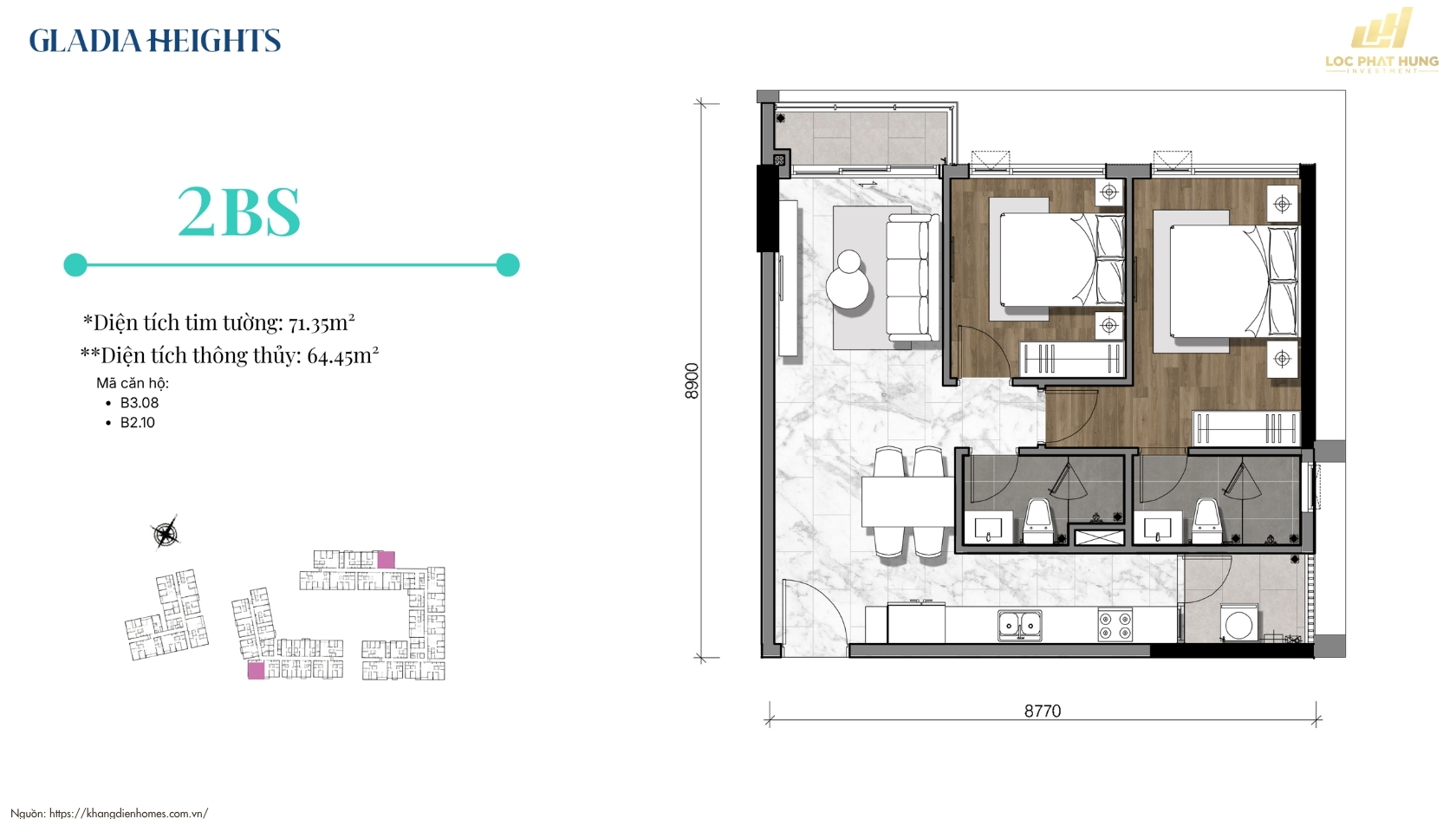 Thiết Kế Căn Hộ 2PN Gladia Heights 