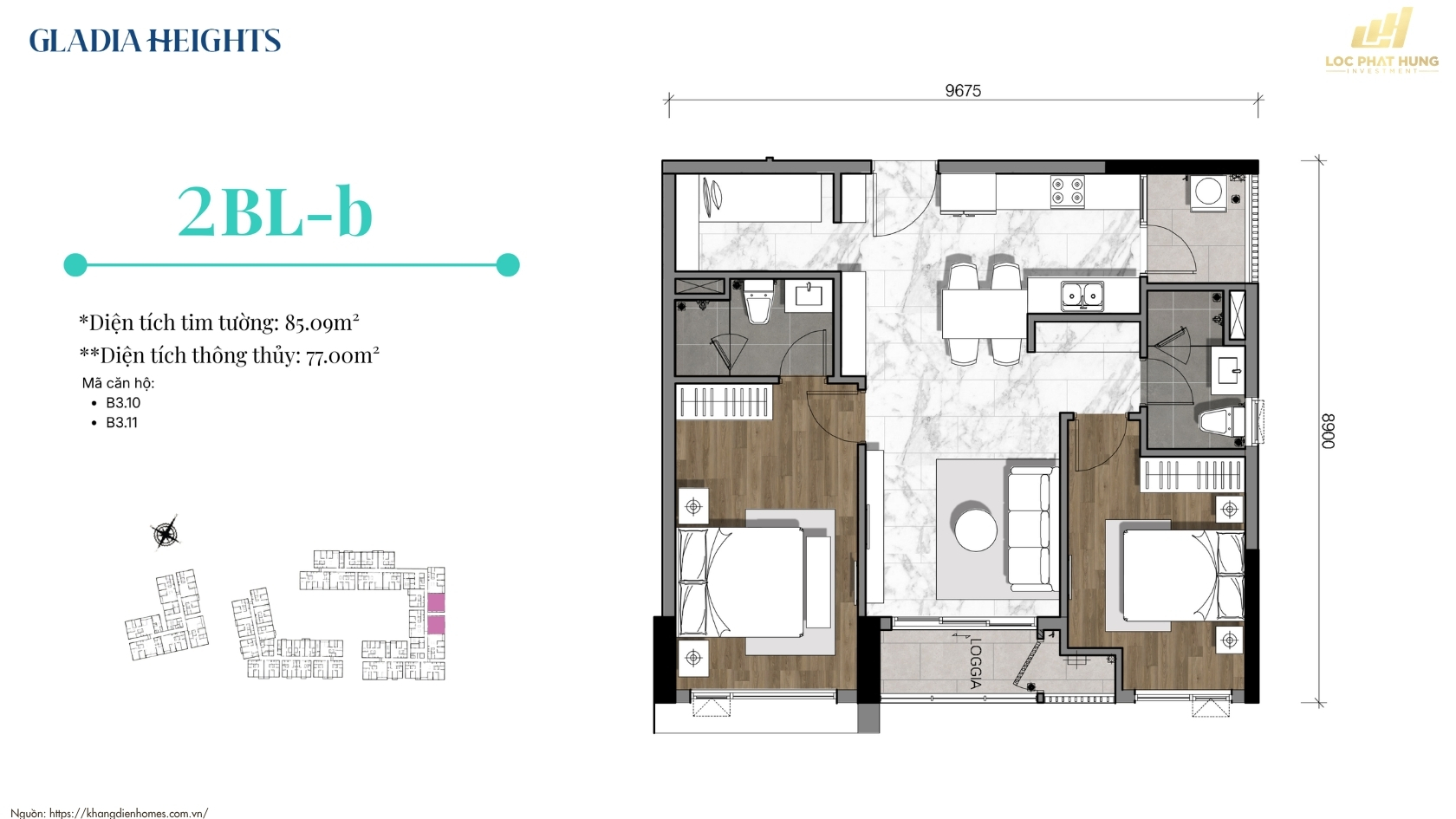 Thiết Kế Căn Hộ 2PN Gladia Heights 