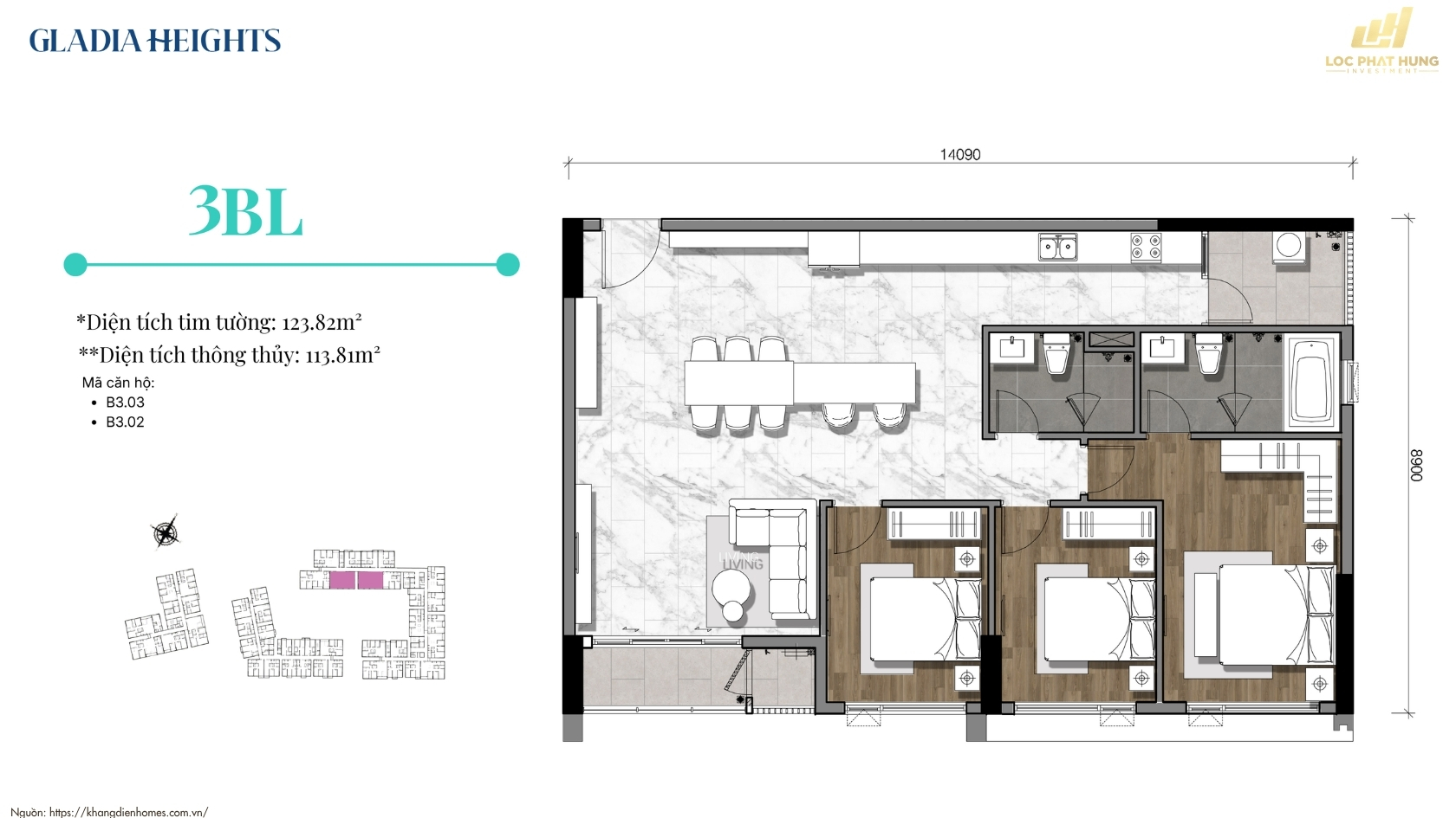 Thiết Kế Căn Hộ 3PN Gladia Heights 