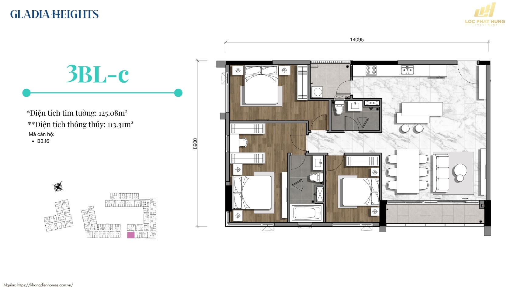 Thiết Kế Căn Hộ 3PN Gladia Heights 