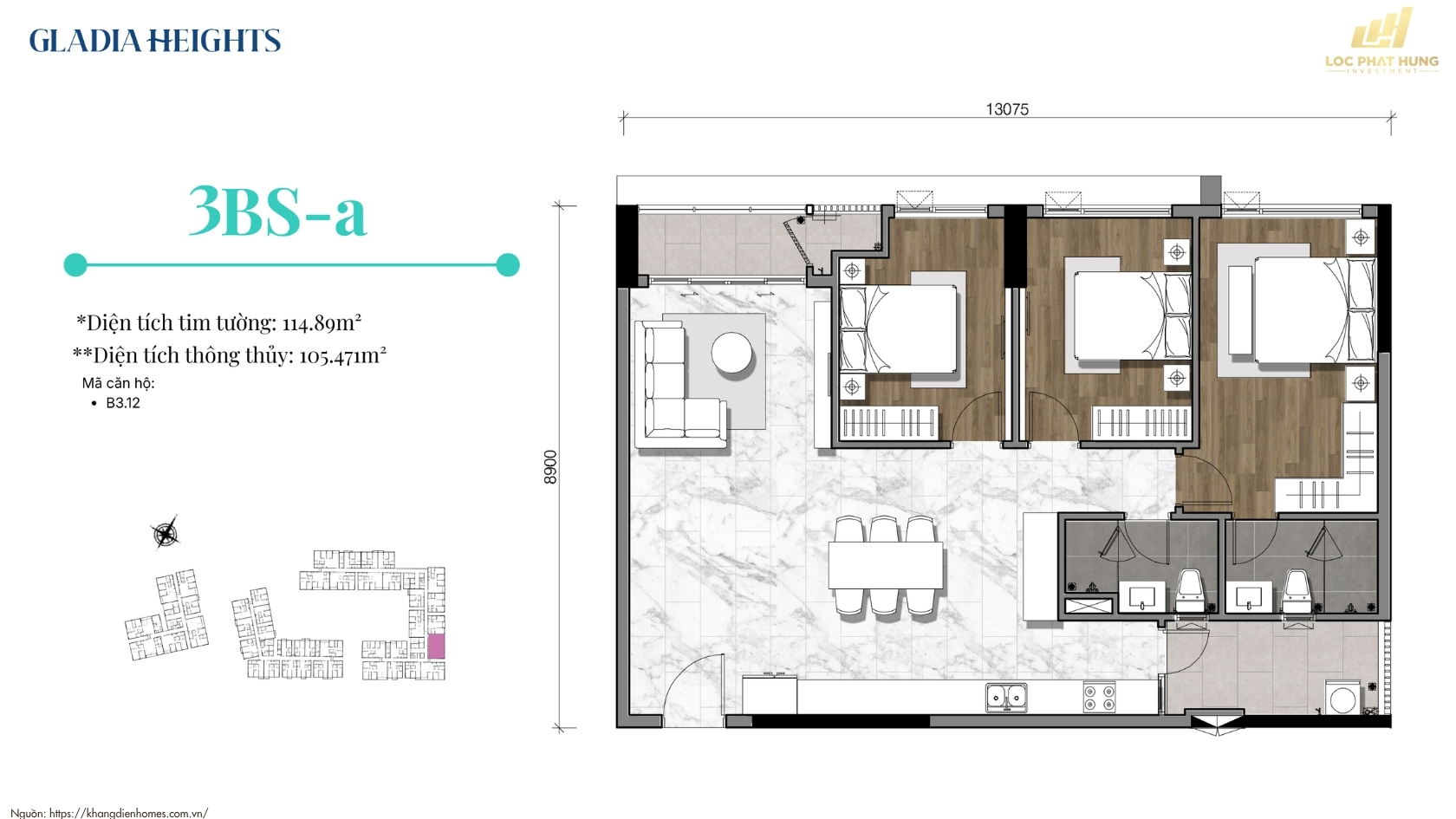 Thiết Kế Căn Hộ 3PN Gladia Heights 